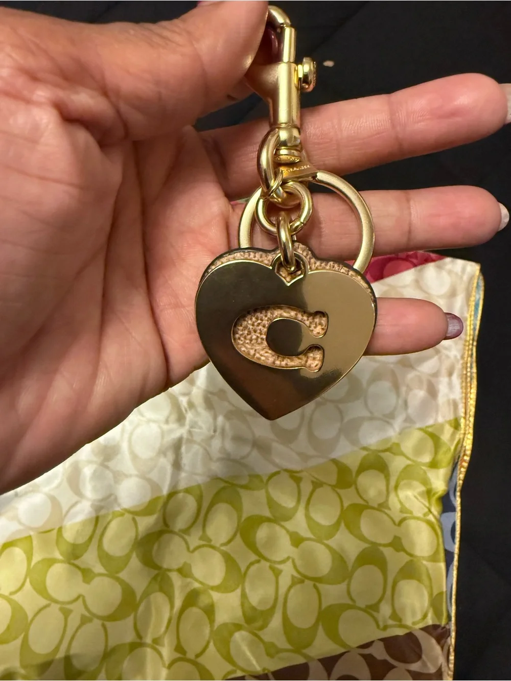 Coach Hearts Key Ring in Signature Canvas – Gold Tone Double Heart Bag Charm